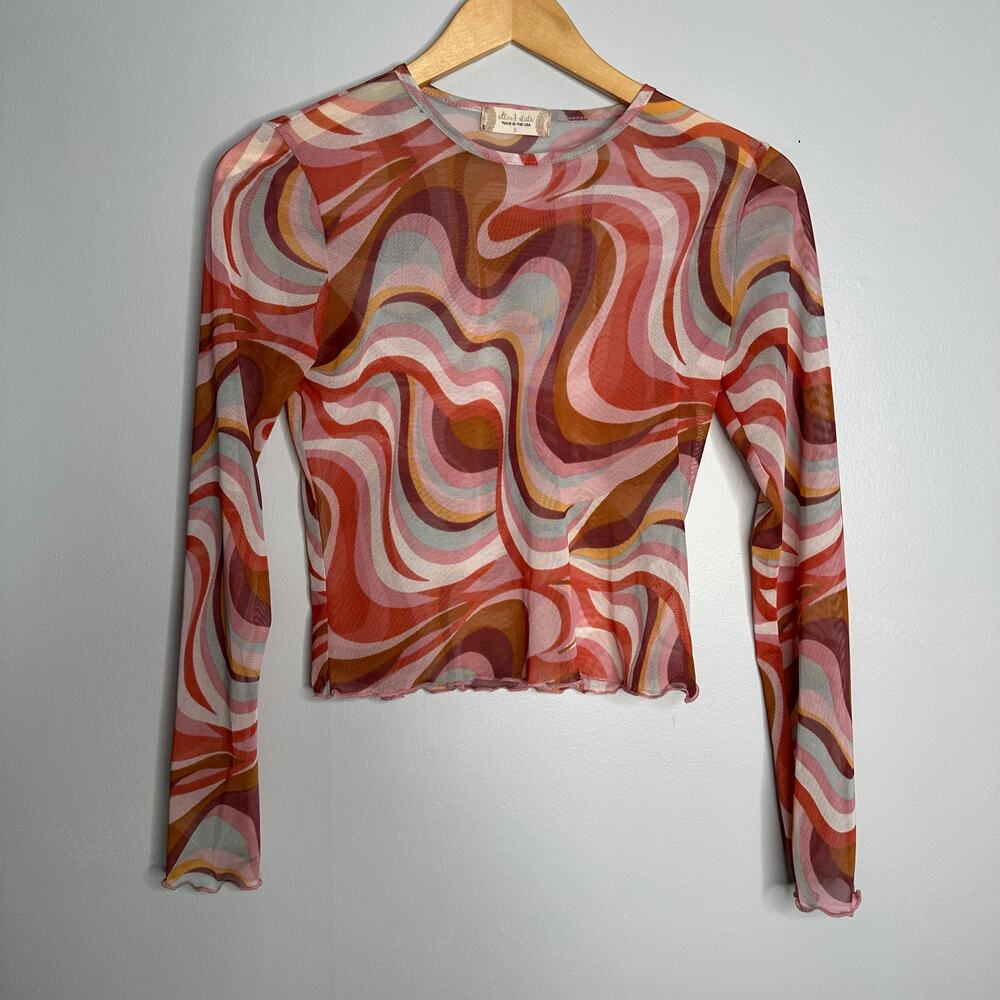 Altar'd State Women's 70's Retro Long Sleeve Crew Neck Sheer Shirt Size Small